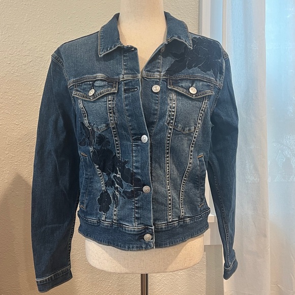 LuLaRoe Jackets & Blazers - Embroidered Denim Jacket. Dark Blue with Navy Floral Design. Size M. NWT